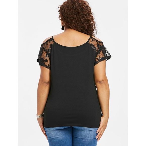Lace Panel Open Shoulder Plus Size Tee - Black - Picture 5 of 8